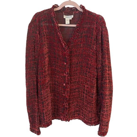 Coldwater Creek Velvet Burnout Cardigan 1X Deep Red Ruffle Trim Whimsigoth Sheer - Picture 2 of 12